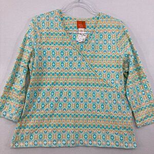 New Hearts of Palm size XL Petite Blue Orange Geometric Surplice Stretch Top